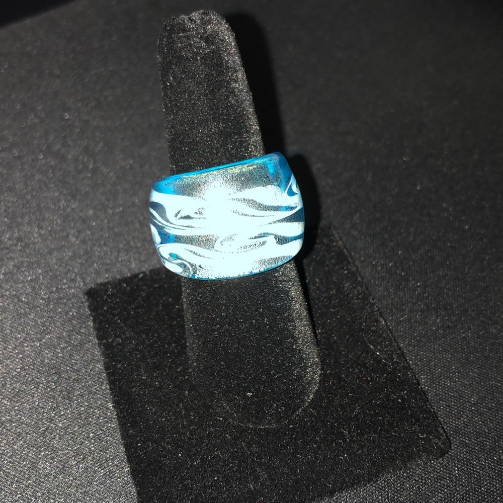 Glass Over-Sized Statement Ring - White Blue Swirl - image 3